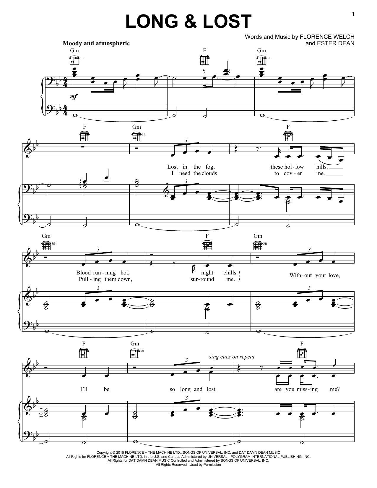 Download Florence And The Machine Long & Lost Sheet Music and learn how to play Piano, Vocal & Guitar (Right-Hand Melody) PDF digital score in minutes