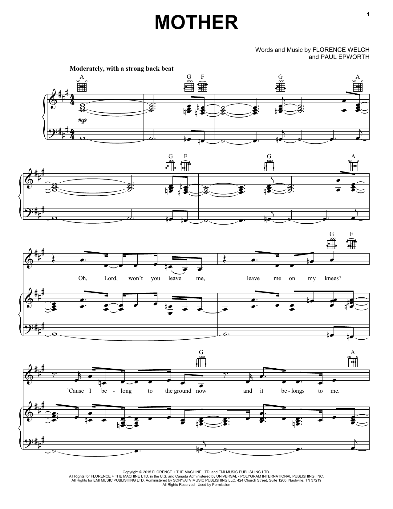 Download Florence And The Machine Mother Sheet Music and learn how to play Piano, Vocal & Guitar (Right-Hand Melody) PDF digital score in minutes