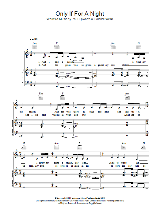 Download Florence And The Machine Only If For A Night Sheet Music and learn how to play Piano, Vocal & Guitar (Right-Hand Melody) PDF digital score in minutes