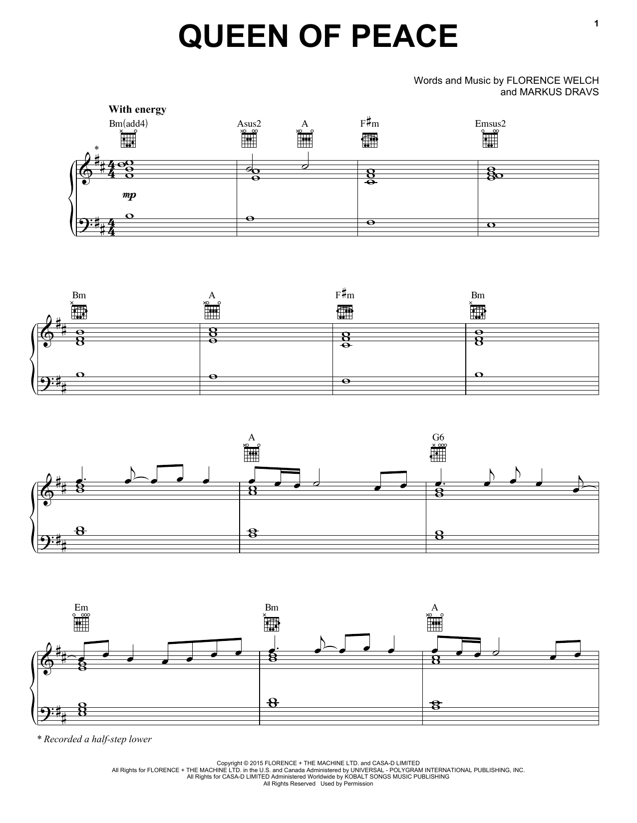 Download Florence And The Machine Queen Of Peace Sheet Music and learn how to play Piano, Vocal & Guitar (Right-Hand Melody) PDF digital score in minutes