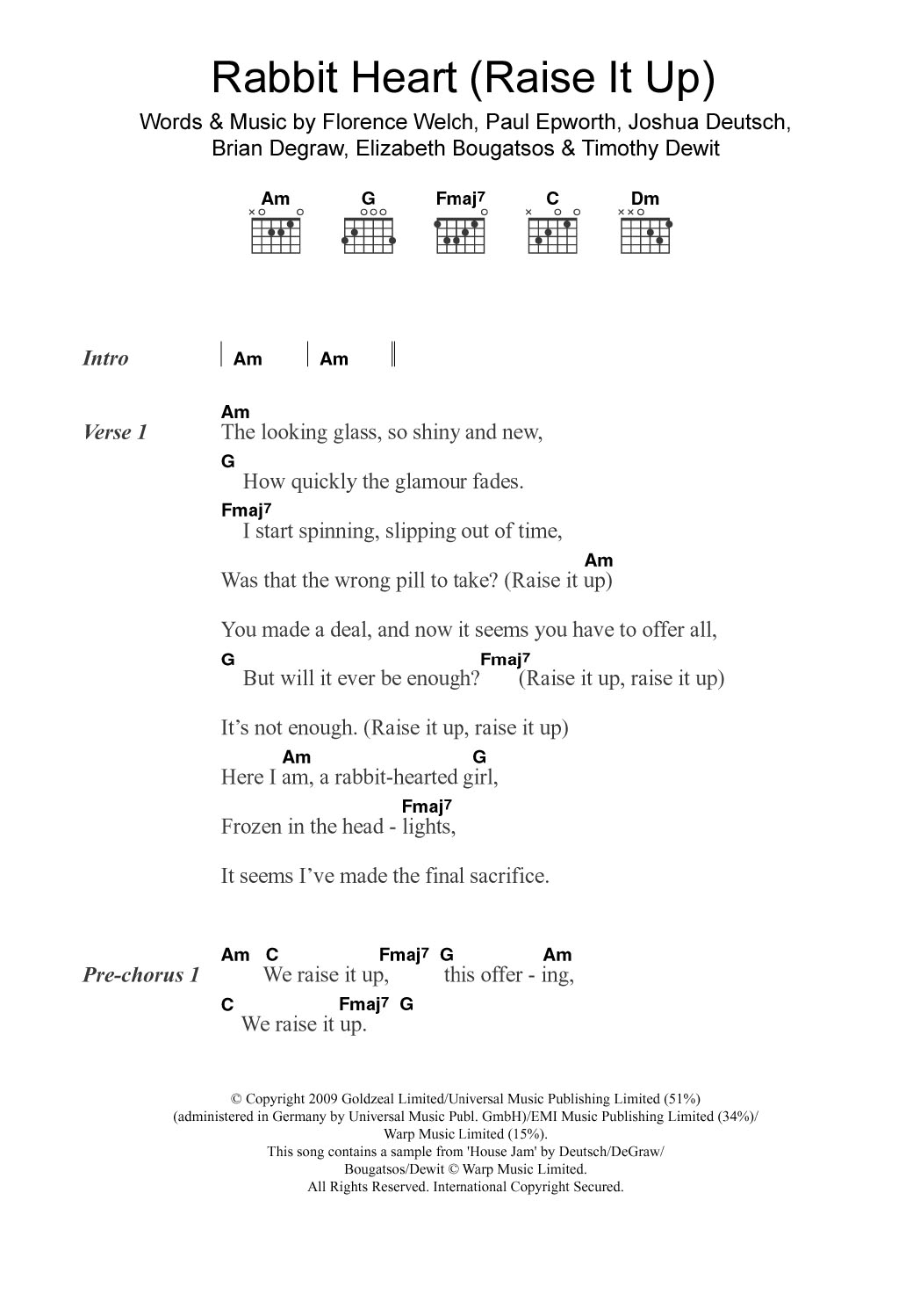 Download Florence And The Machine Rabbit Heart (Raise It Up) Sheet Music and learn how to play Piano Chords/Lyrics PDF digital score in minutes