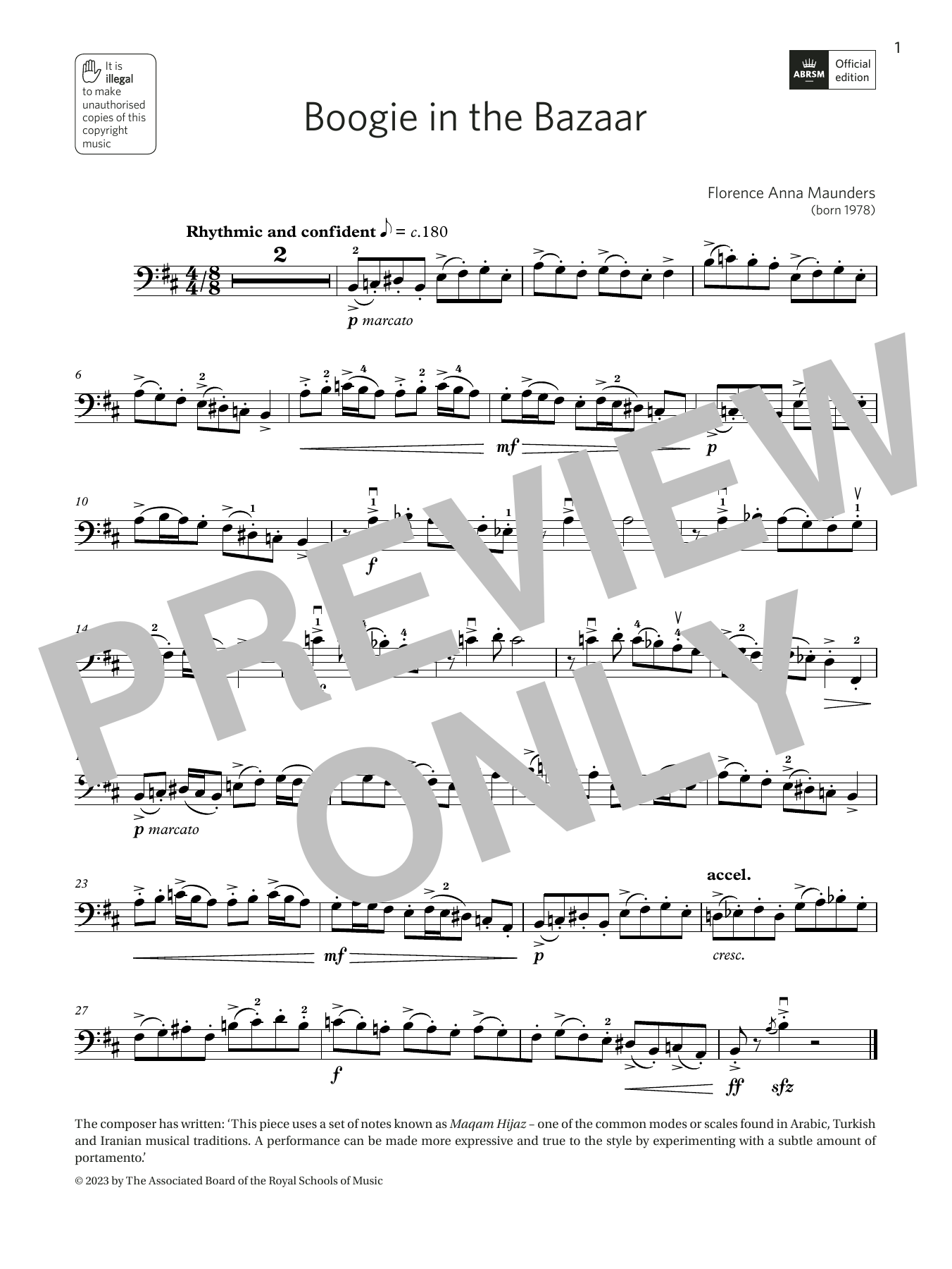 Download Florence Anna Maunders Boogie in the Bazaar (Grade 5, C13, from the ABRSM Double Bass Syllabus from 202 Sheet Music and learn how to play String Bass Solo PDF digital score in minutes