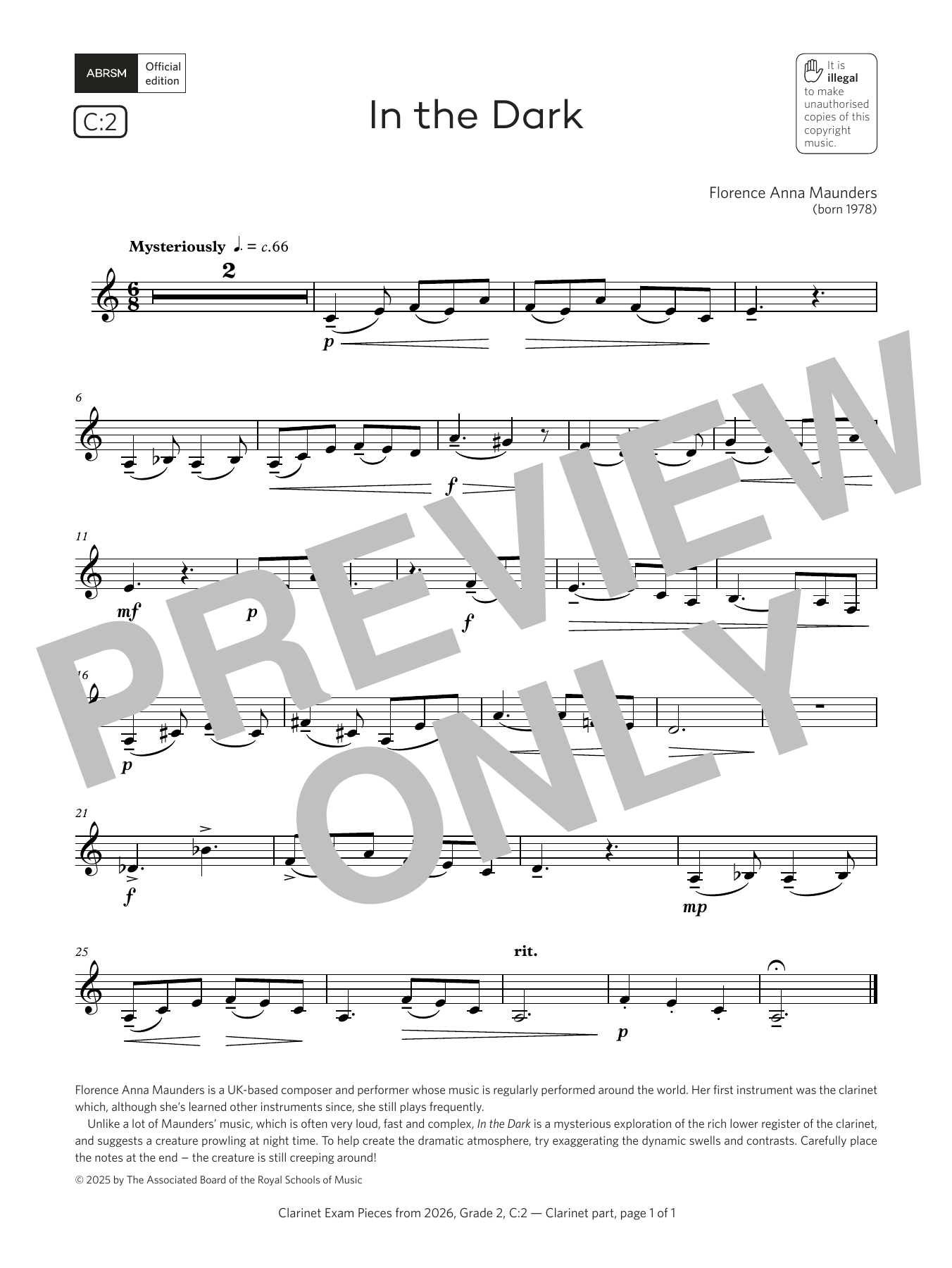 Download Florence Anna Maunders In the Dark (Grade 2, list C2, from the ABRSM Clarinet Syllabus from 2026) Sheet Music and learn how to play Clarinet Solo PDF digital score in minutes