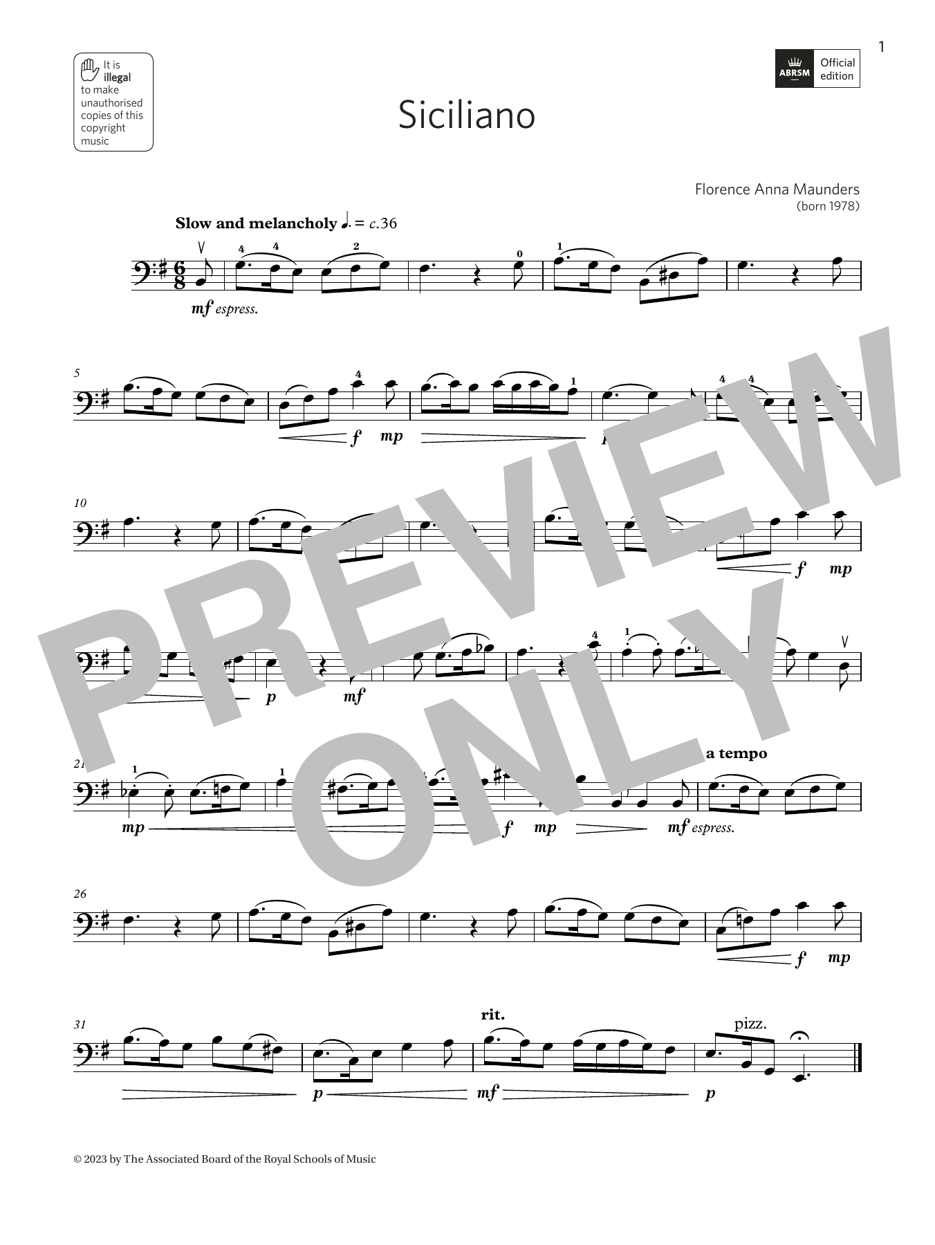 Download Florence Anna Maunders Siciliano (Grade 4, B12, from the ABRSM Double Bass Syllabus from 2024) Sheet Music and learn how to play String Bass Solo PDF digital score in minutes