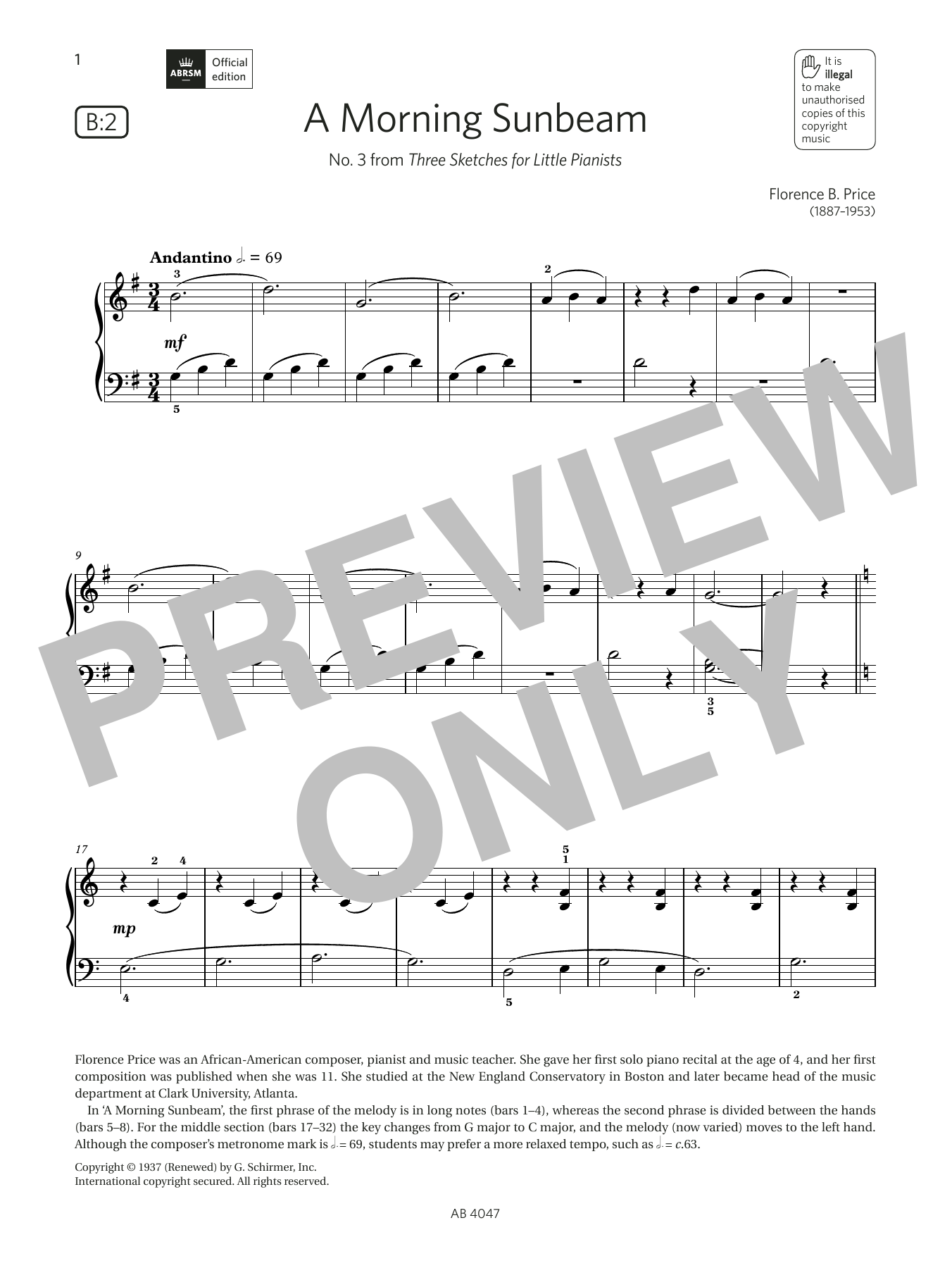 Download Florence B. Price A Morning Sunbeam (Grade 1, list B2, from the ABRSM Piano Syllabus 2023 & 2024) Sheet Music and learn how to play Piano Solo PDF digital score in minutes