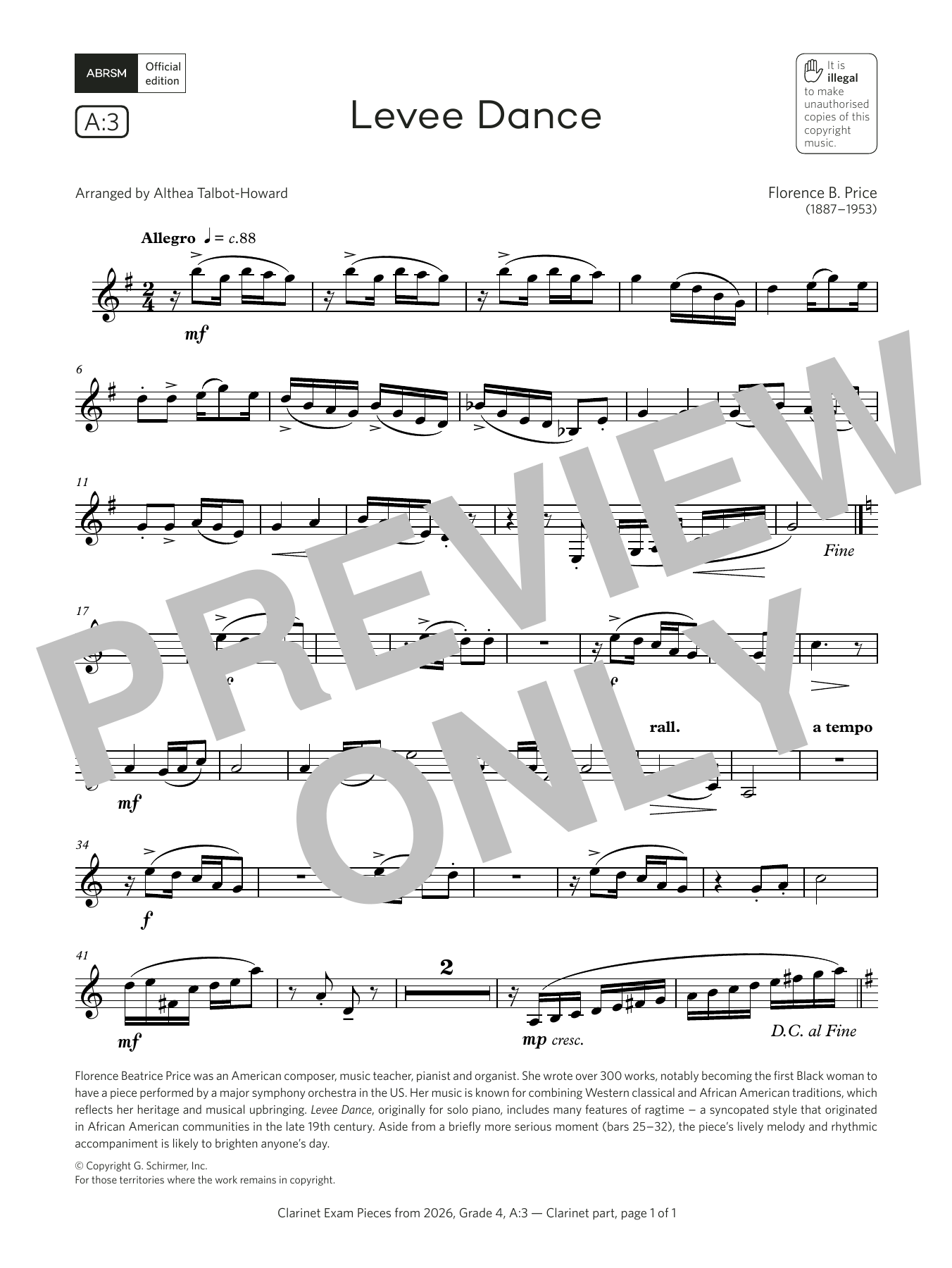 Download Florence B. Price Levee Dance (Grade 4, list A3, from the ABRSM Clarinet Syllabus from 2026) Sheet Music and learn how to play Clarinet Solo PDF digital score in minutes