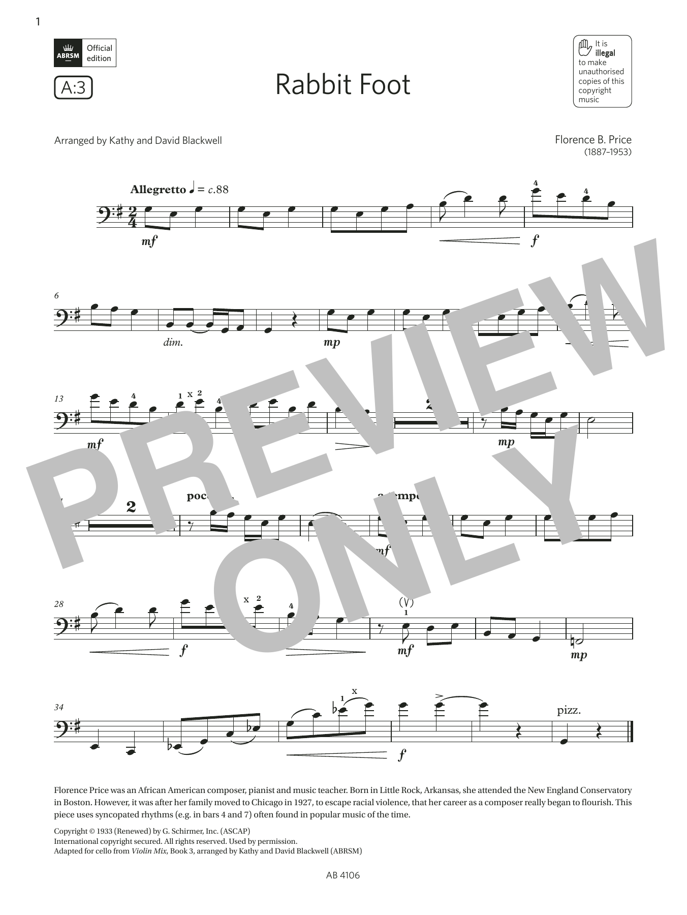 Download Florence B. Price Rabbit Foot (Grade 3, A3, from the ABRSM Cello Syllabus from 2024) Sheet Music and learn how to play Cello Solo PDF digital score in minutes