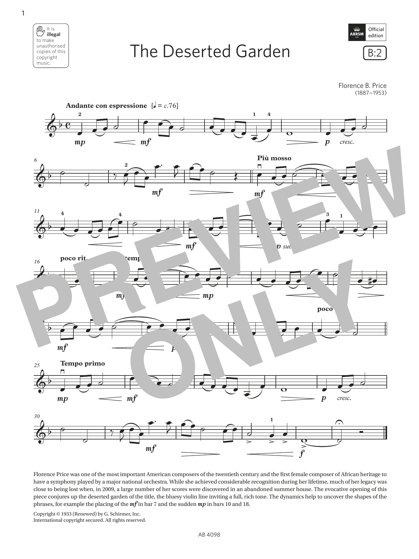 Download Florence B. Price The Deserted Garden (Grade 4, B2, from the ABRSM Violin Syllabus from 2024) Sheet Music and learn how to play Violin Solo PDF digital score in minutes