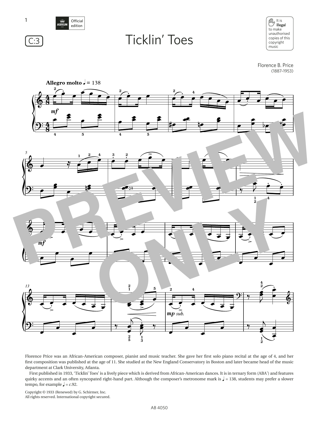 Download Florence B Price Ticklin Toes (Grade 4, list C3, from the ABRSM Piano Syllabus 2023 & 2024) Sheet Music and learn how to play Piano Solo PDF digital score in minutes