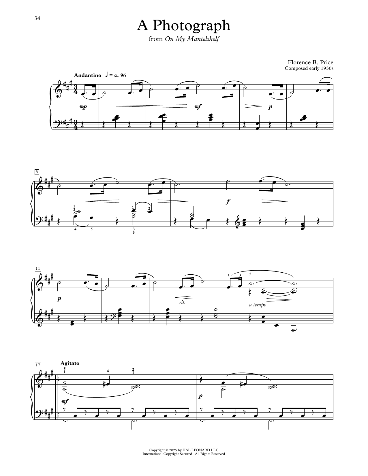 Download Florence Price A Photograph Sheet Music and learn how to play Educational Piano PDF digital score in minutes