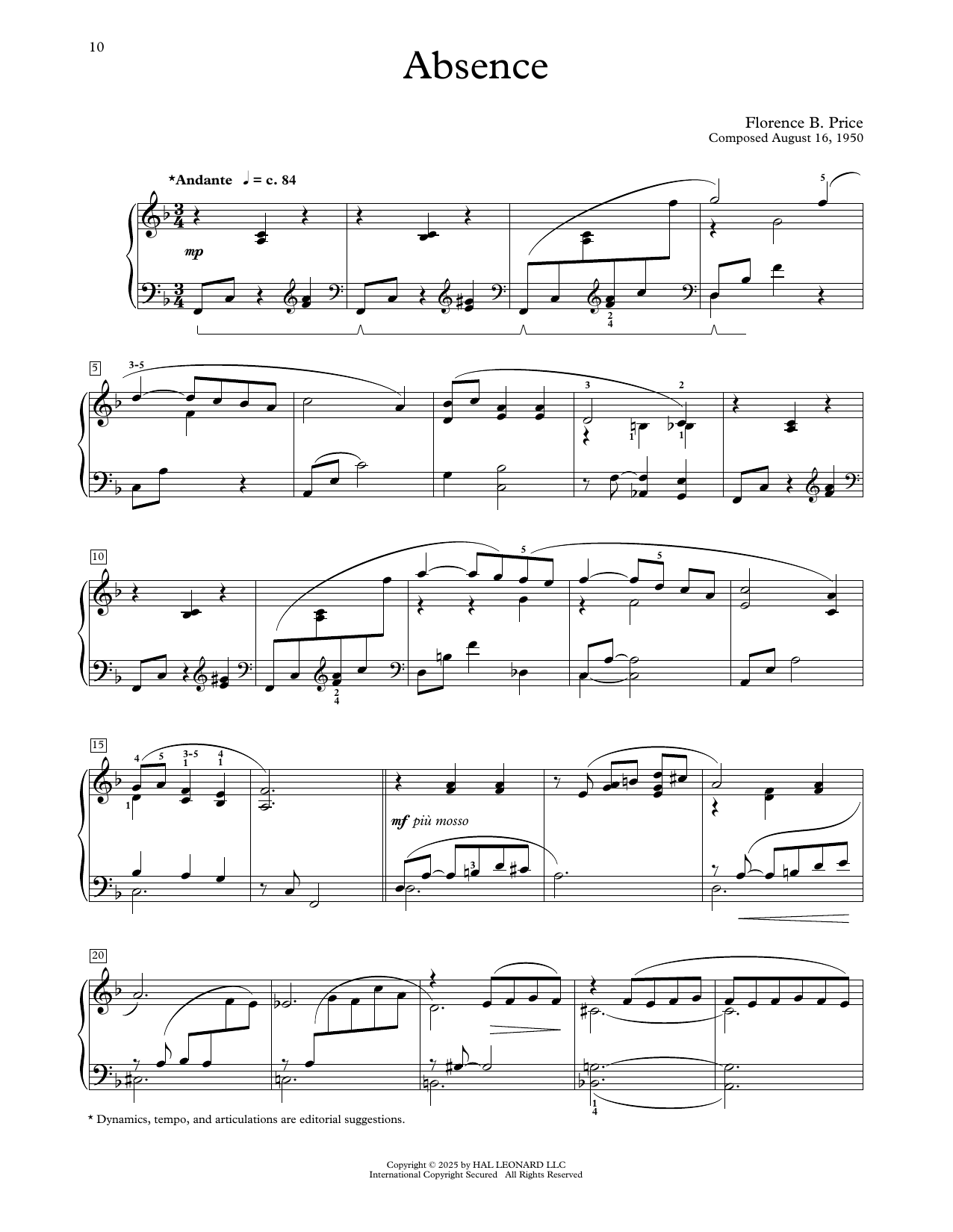 Download Florence Price Absence Sheet Music and learn how to play Educational Piano PDF digital score in minutes