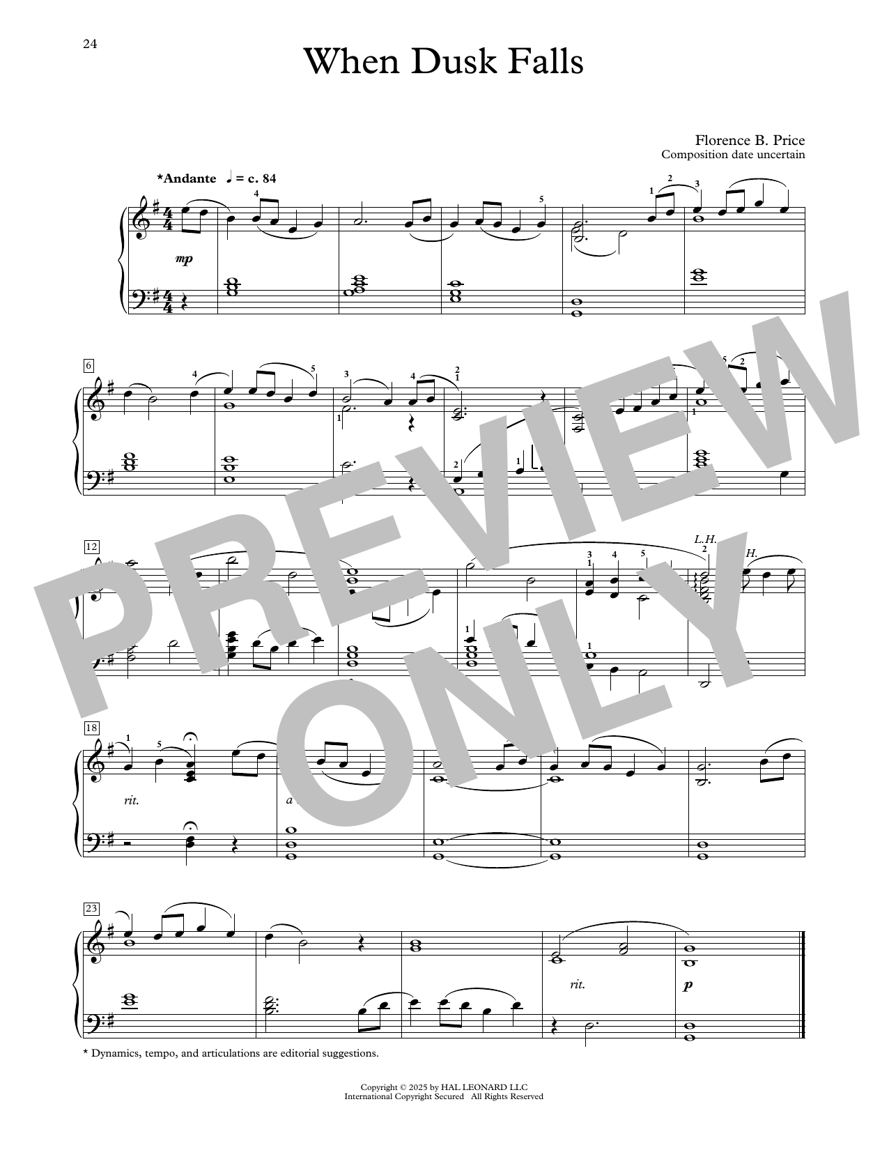 Download Florence Price When Dusk Falls Sheet Music and learn how to play Educational Piano PDF digital score in minutes