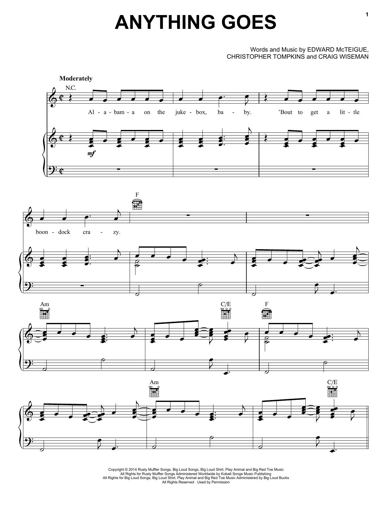 Download Florida Georgia Line Anything Goes Sheet Music and learn how to play Piano, Vocal & Guitar (Right-Hand Melody) PDF digital score in minutes
