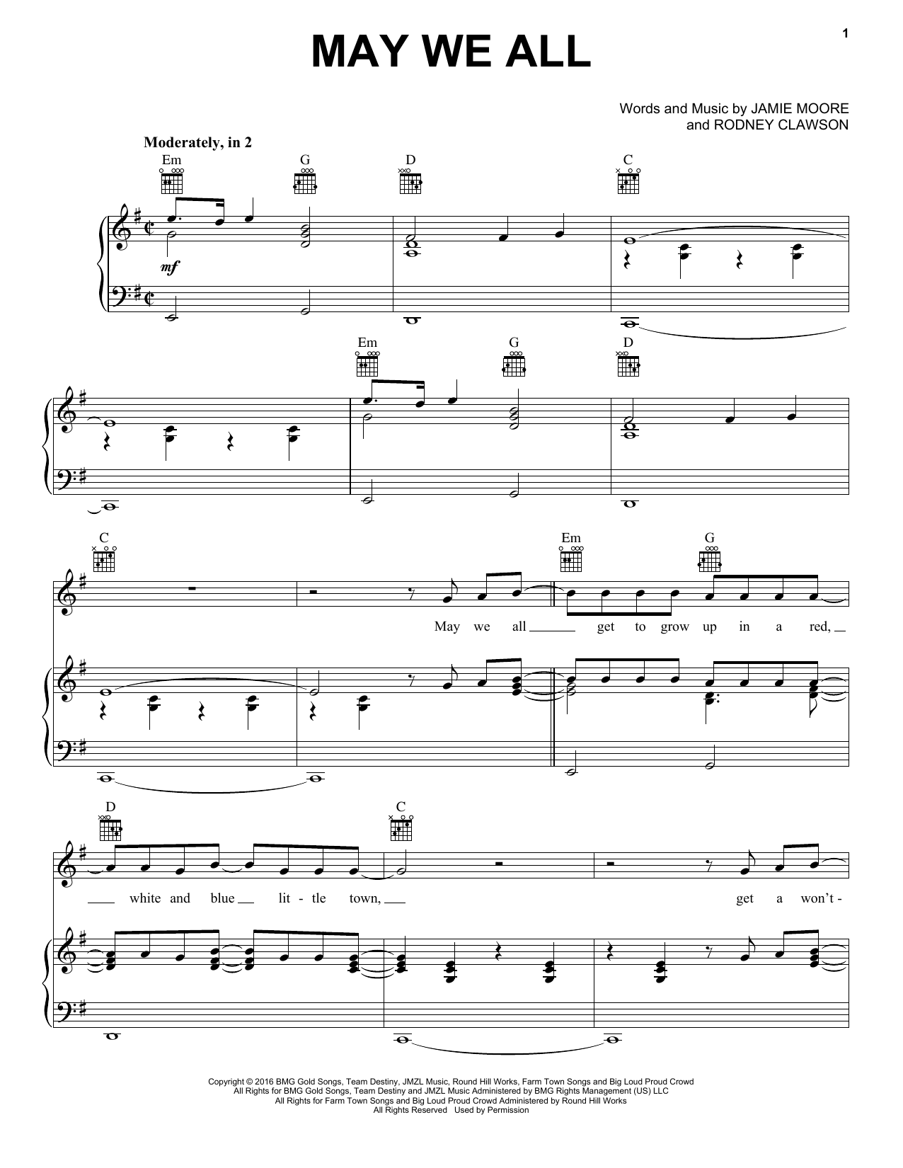 Download Florida Georgia Line May We All (feat. Tim McGraw) Sheet Music and learn how to play Piano, Vocal & Guitar (Right-Hand Melody) PDF digital score in minutes