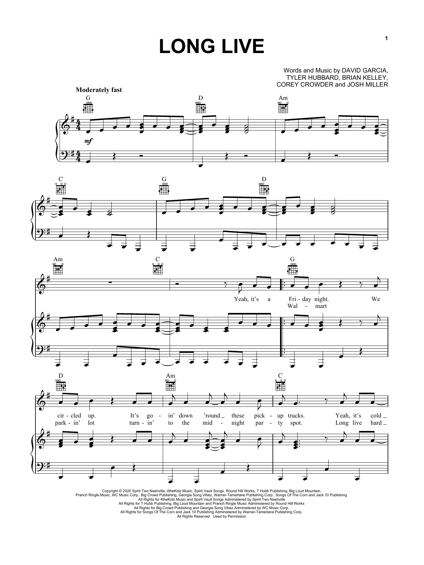 Download Florida Georgia Line Long Live Sheet Music and learn how to play Piano, Vocal & Guitar Chords (Right-Hand Melody) PDF digital score in minutes