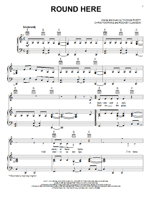Download Florida Georgia Line Round Here Sheet Music and learn how to play Piano, Vocal & Guitar (Right-Hand Melody) PDF digital score in minutes