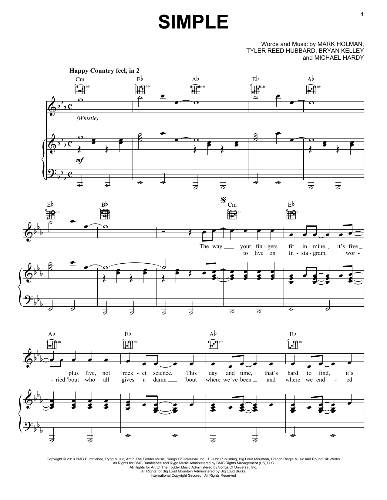 Download Florida Georgia Line Simple Sheet Music and learn how to play Very Easy Piano PDF digital score in minutes