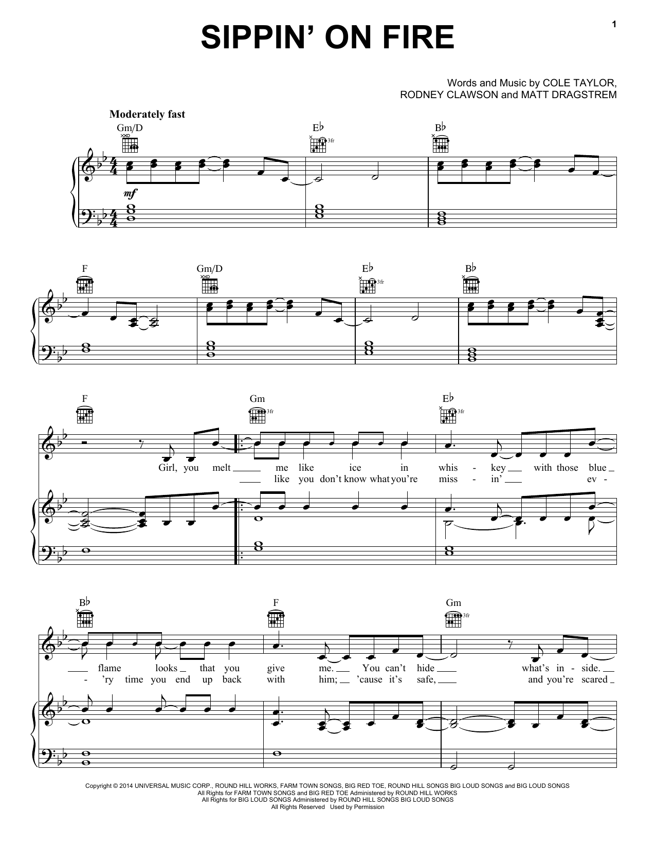 Download Florida Georgia Line Sippin' On Fire Sheet Music and learn how to play Piano, Vocal & Guitar (Right-Hand Melody) PDF digital score in minutes