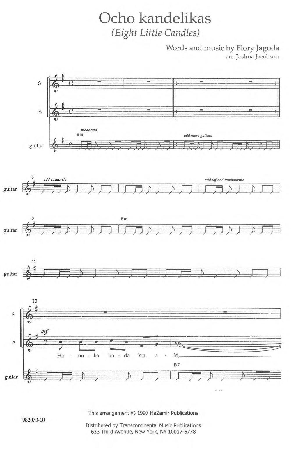 Download Flory Jagoda Ocho Kandelikas (arr. Joshua Jacobson) Sheet Music and learn how to play Choir PDF digital score in minutes