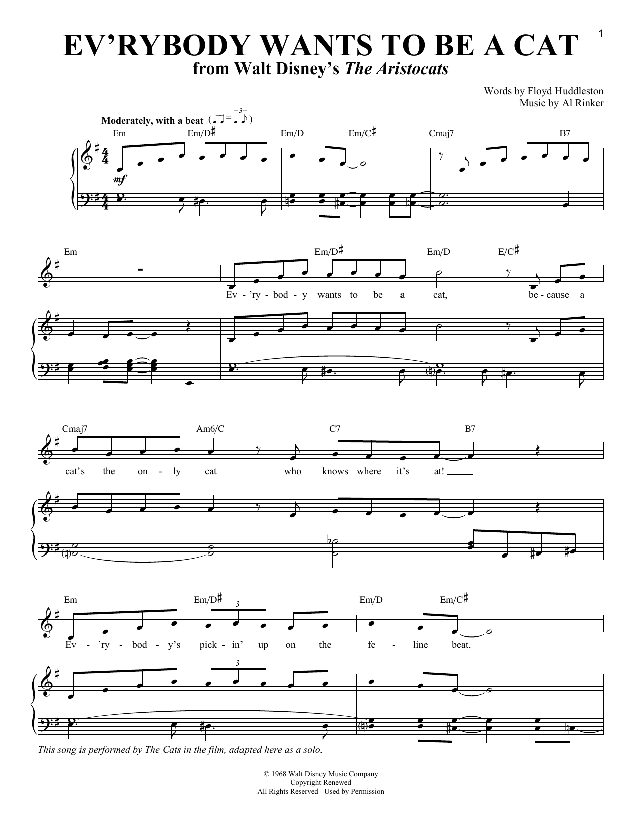 Download Al Rinker Ev'rybody Wants To Be A Cat (from Walt Disney's The Aristocats) Sheet Music and learn how to play Piano & Vocal PDF digital score in minutes