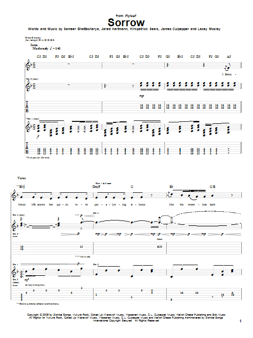 Download Flyleaf Sorrow Sheet Music and learn how to play Guitar Tab PDF digital score in minutes