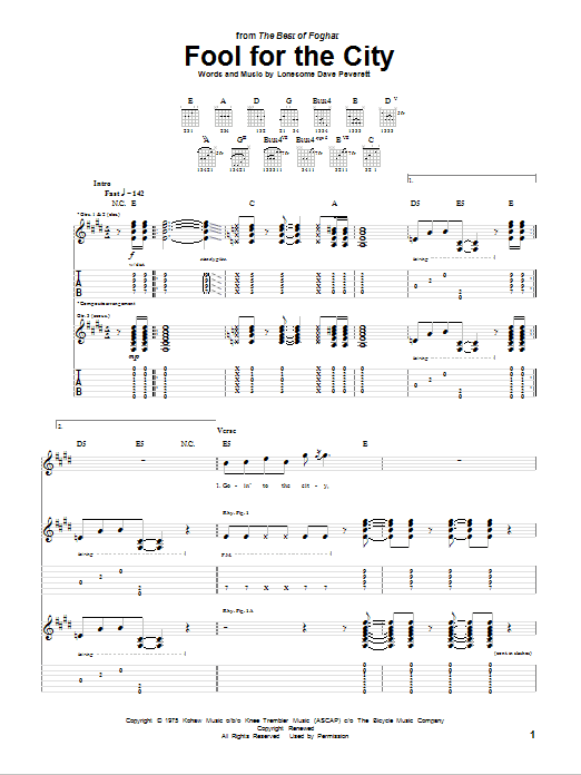 Download Foghat Fool For The City Sheet Music and learn how to play Guitar Tab PDF digital score in minutes