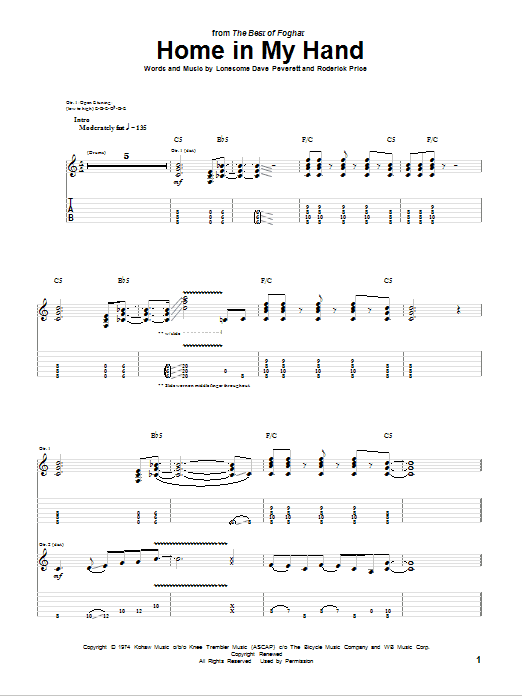 Download Foghat Home In My Hand Sheet Music and learn how to play Guitar Tab PDF digital score in minutes