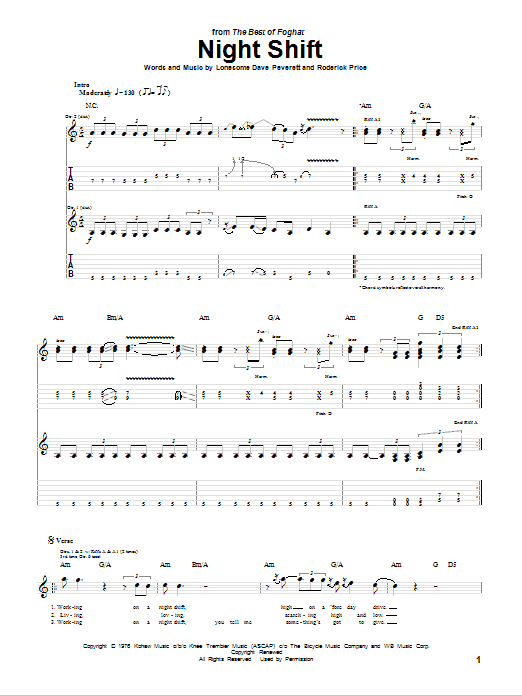 Download Foghat Night Shift Sheet Music and learn how to play Guitar Tab PDF digital score in minutes