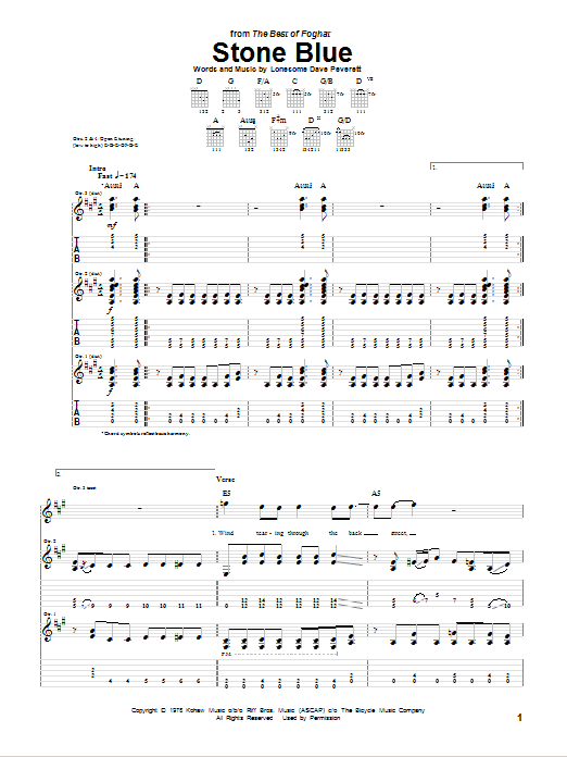 Download Foghat Stone Blue Sheet Music and learn how to play Guitar Tab PDF digital score in minutes