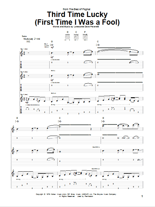 Download Foghat Third Time Lucky (First Time I Was A Fool) Sheet Music and learn how to play Guitar Tab PDF digital score in minutes