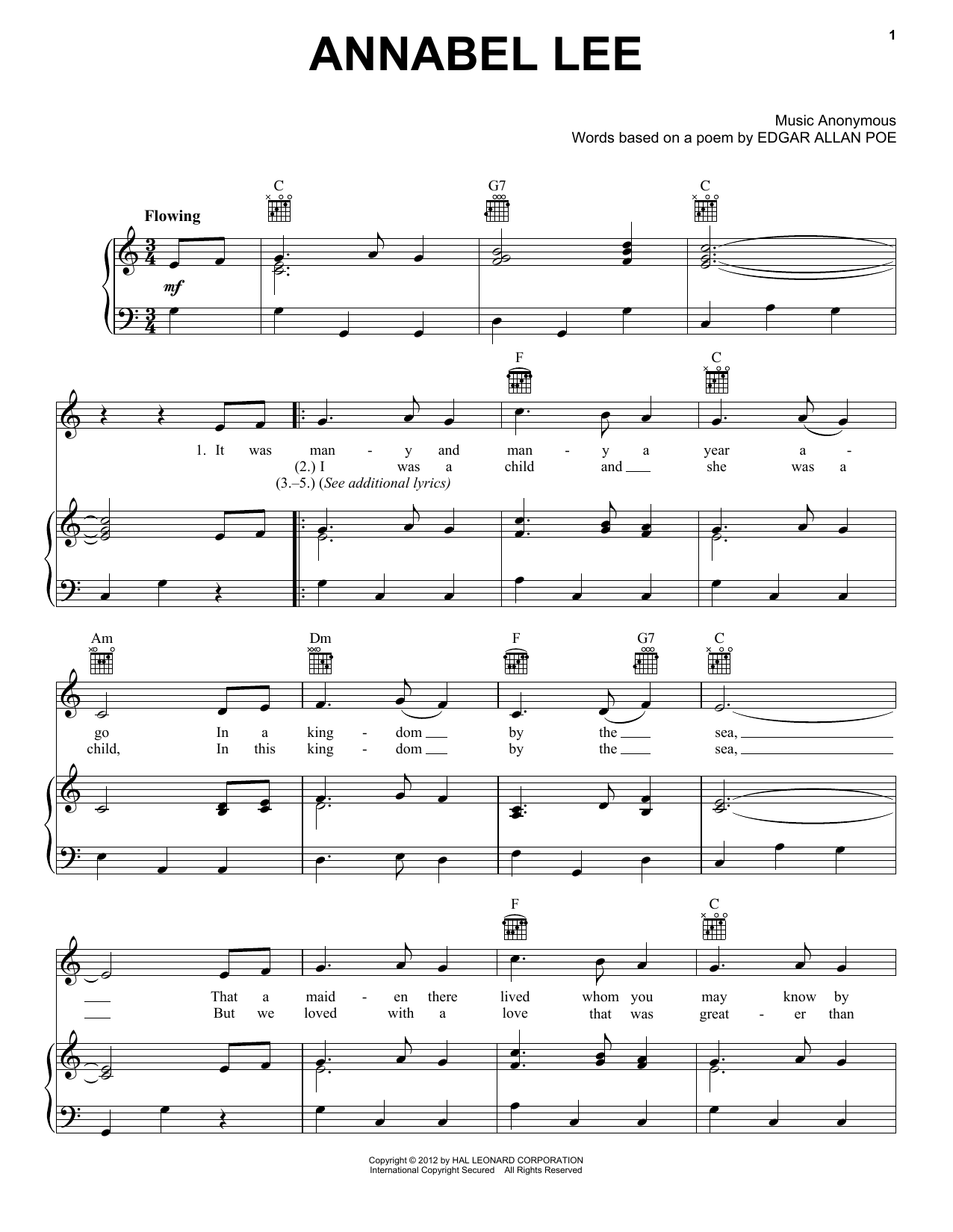 Download Folk Song Annabel Lee Sheet Music and learn how to play Melody Line, Lyrics & Chords PDF digital score in minutes