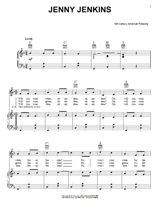 Download Folk Song Jenny Jenkins Sheet Music and learn how to play Melody Line, Lyrics & Chords PDF digital score in minutes