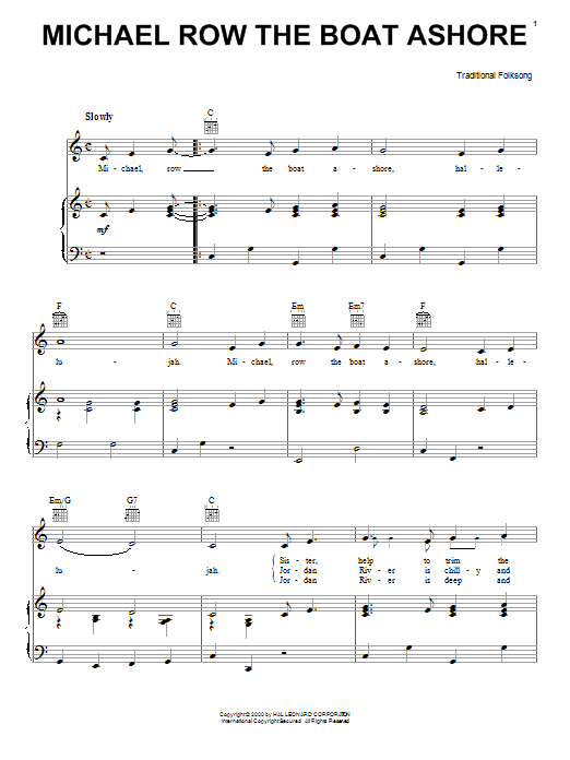 Download Traditional Folksong Michael Row The Boat Ashore Sheet Music and learn how to play Piano, Vocal & Guitar (Right-Hand Melody) PDF digital score in minutes