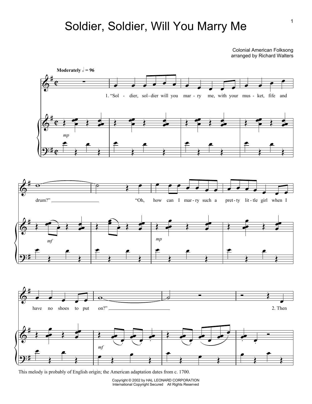 Download Folk Song Soldier, Soldier Will You Marry Me Sheet Music and learn how to play Piano, Vocal & Guitar (Right-Hand Melody) PDF digital score in minutes