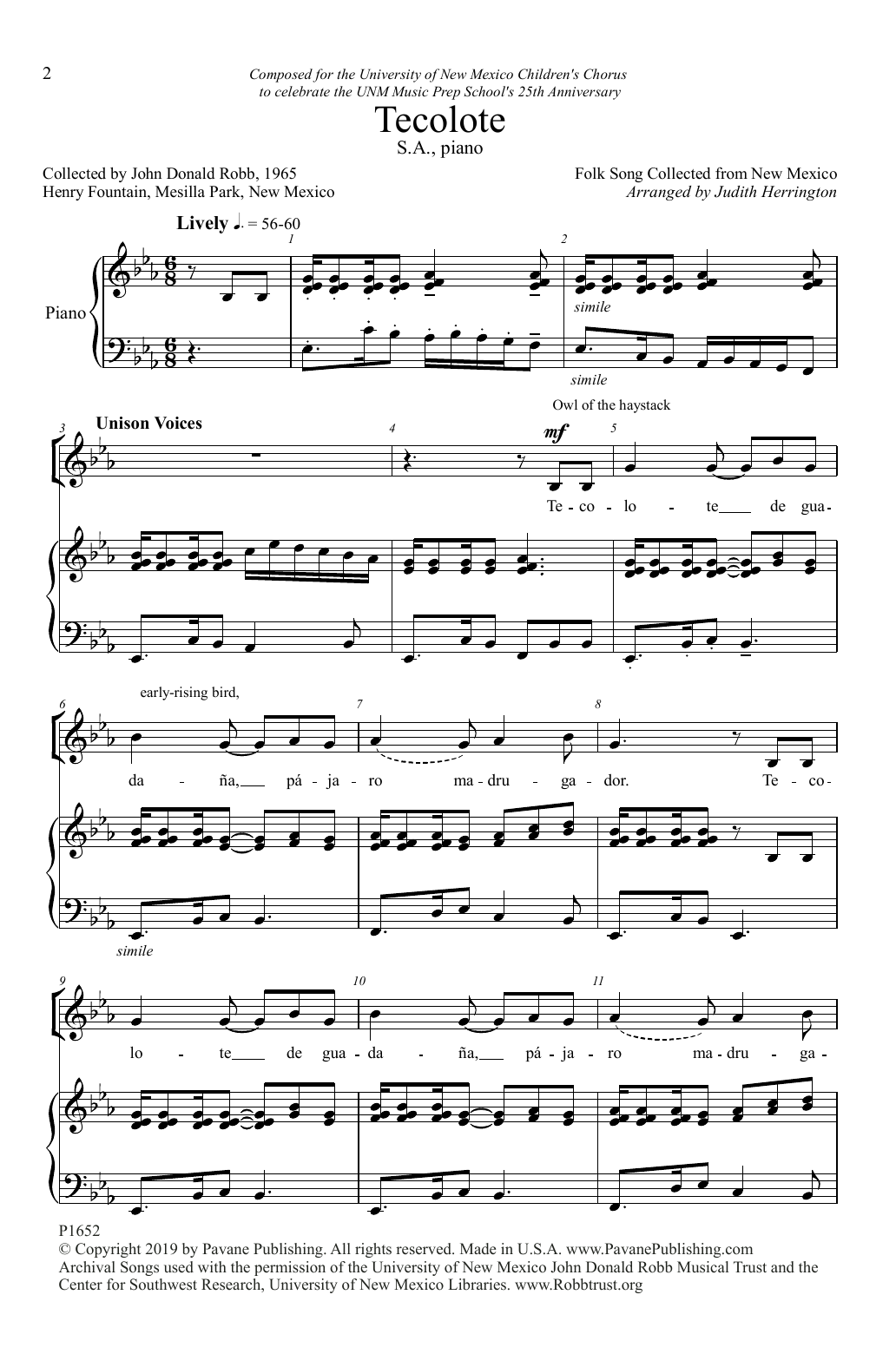 Download Folk Song Tecolote (arr. Judith Herrington) Sheet Music and learn how to play Choir PDF digital score in minutes