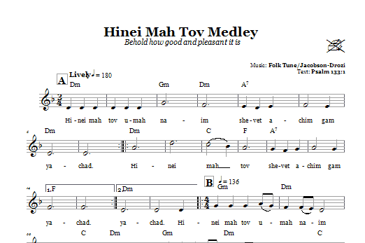 Download Folk Tune Hinei Mah Tov Medley (Behold How Good And Pleasant It Is) Sheet Music and learn how to play Melody Line, Lyrics & Chords PDF digital score in minutes