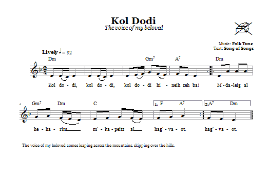 Download Folk Tune Kol Dodi (The Voice Of My Beloved) Sheet Music and learn how to play Melody Line, Lyrics & Chords PDF digital score in minutes
