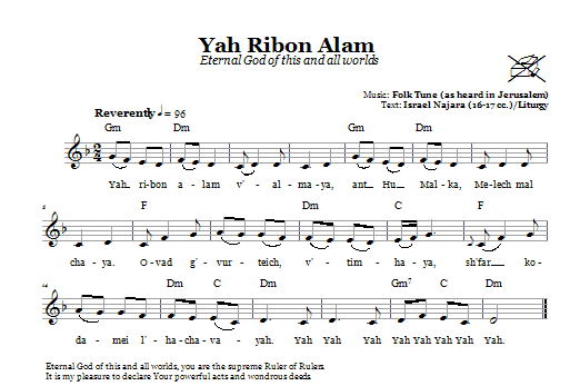 Download Folk Tune Yah Ribon Olam (Eternal God Of This And All Worlds) Sheet Music and learn how to play Melody Line, Lyrics & Chords PDF digital score in minutes