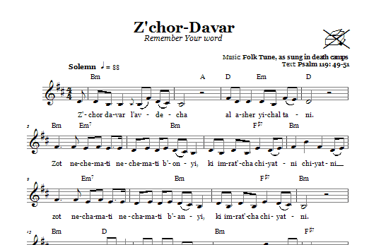 Download Folk Tune Z'chor-Davar (Remember Your Word) Sheet Music and learn how to play Melody Line, Lyrics & Chords PDF digital score in minutes