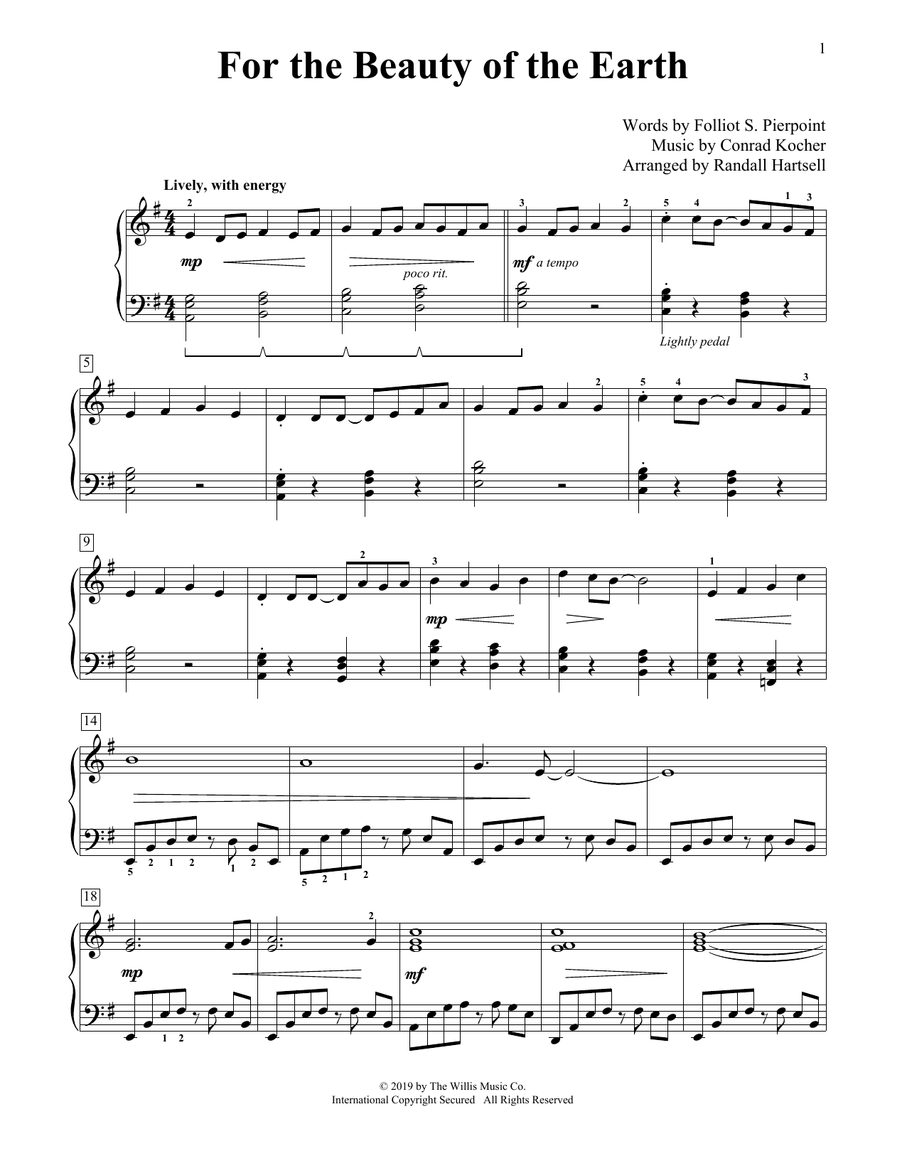 Download Folliot S. Pierpoint and Conrad Kocher For The Beauty Of The Earth (arr. Randall Hartsell) Sheet Music and learn how to play Educational Piano PDF digital score in minutes