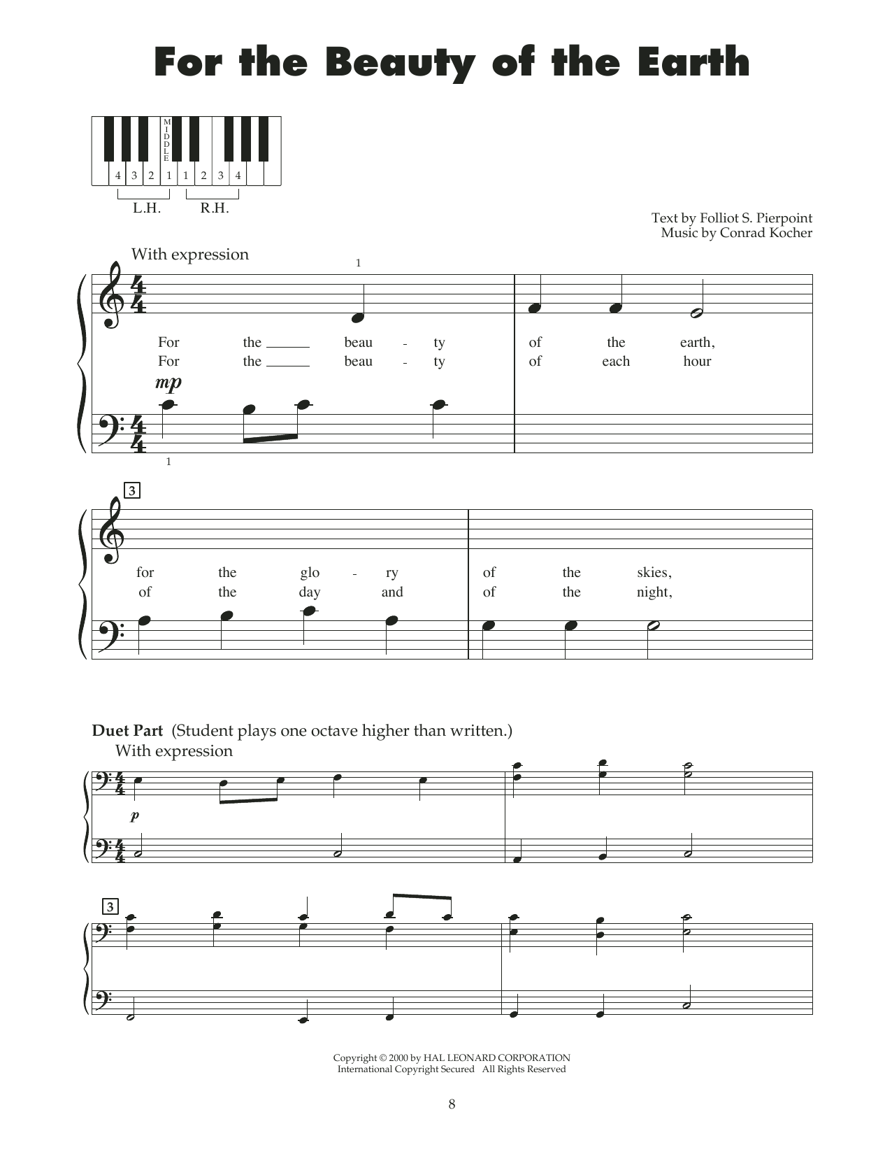 Download Folliot S. Pierpoint For The Beauty Of The Earth (arr. Carol Klose) Sheet Music and learn how to play 5-Finger Piano PDF digital score in minutes