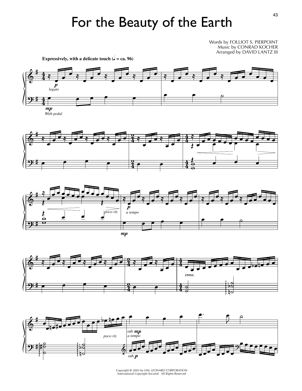 Download Folliot S. Pierpoint For The Beauty Of The Earth (arr. David Lantz III) Sheet Music and learn how to play Piano Solo PDF digital score in minutes