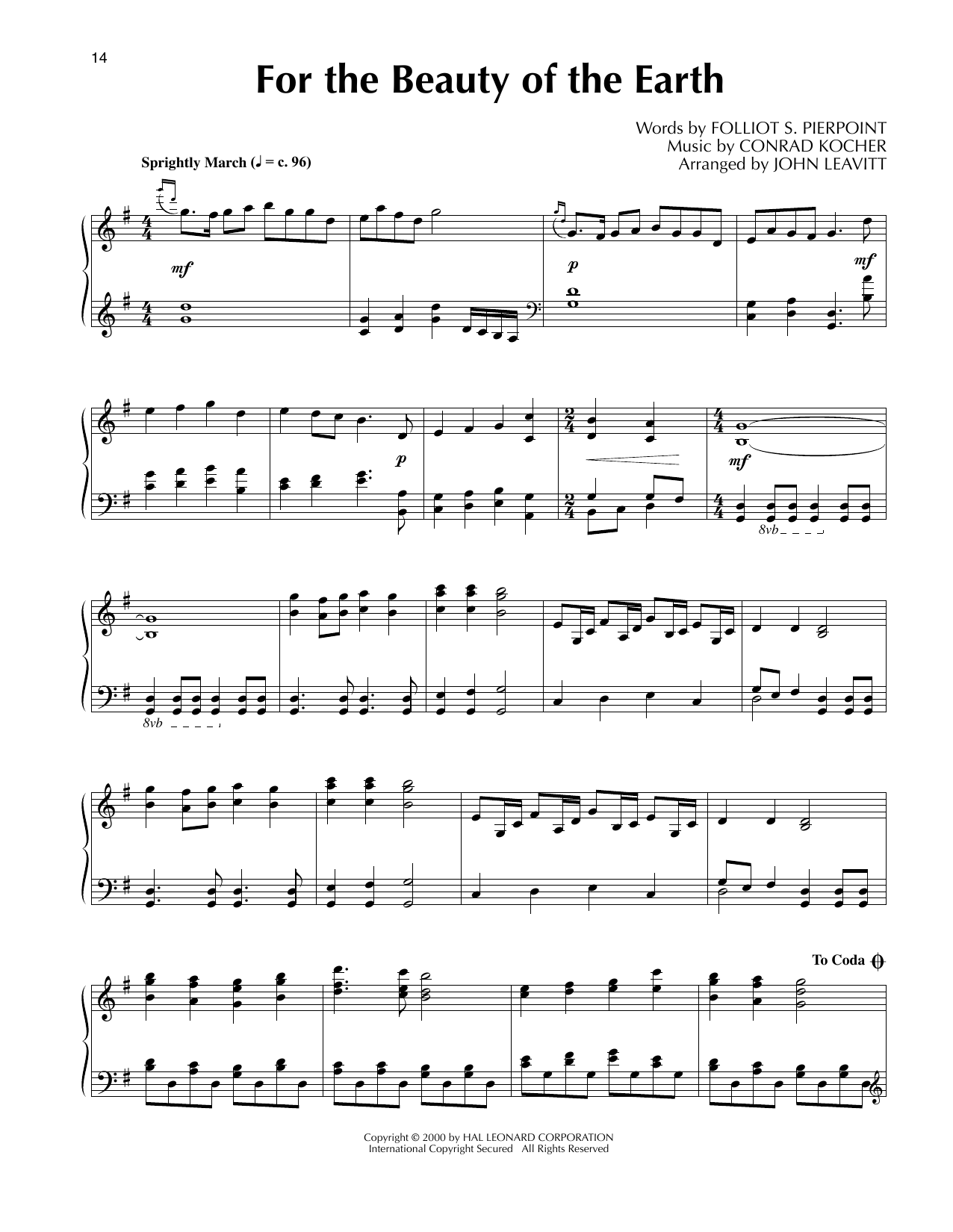 Download Folliot S. Pierpoint For The Beauty Of The Earth (arr. John Leavitt) Sheet Music and learn how to play Piano Solo PDF digital score in minutes