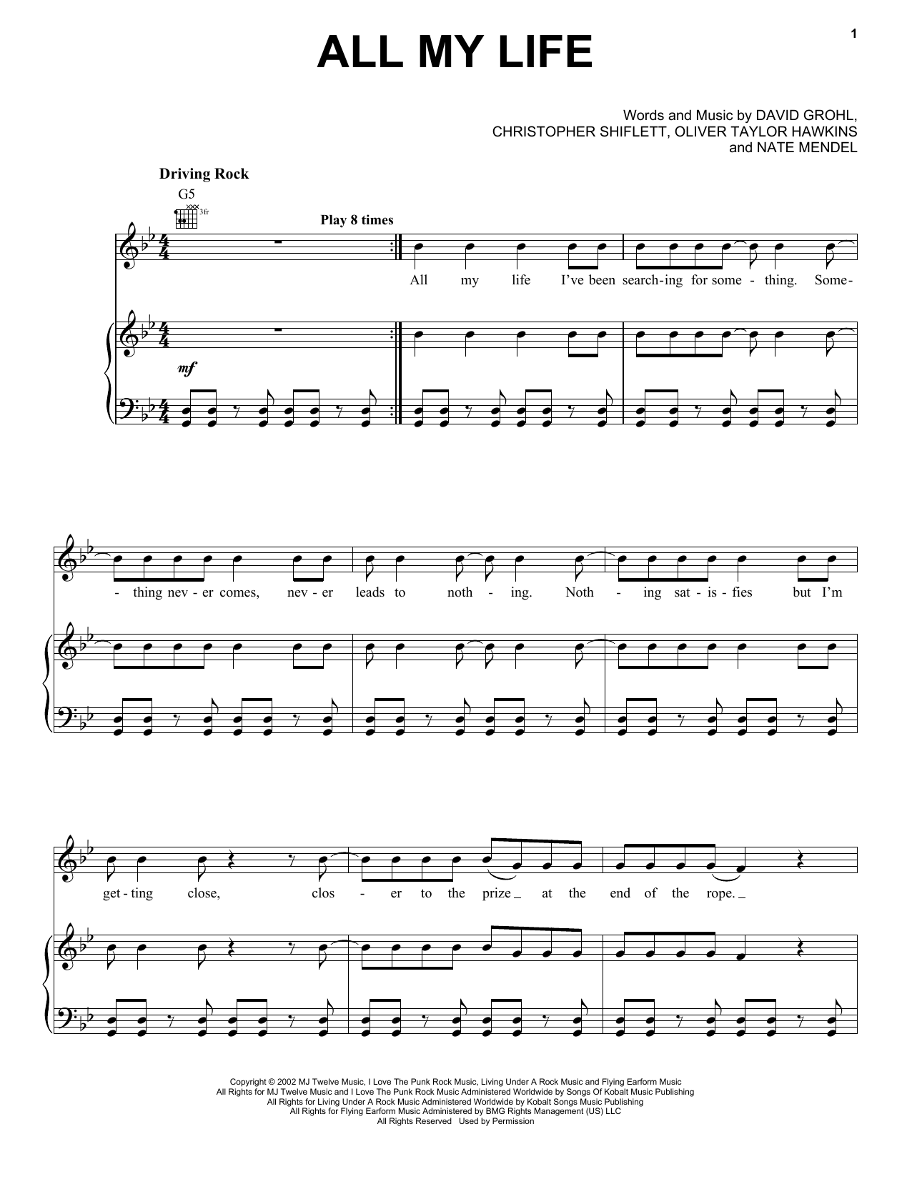Download Foo Fighters All My Life Sheet Music and learn how to play Piano, Vocal & Guitar (Right-Hand Melody) PDF digital score in minutes