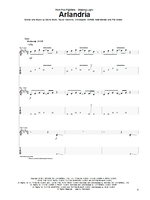 Download Foo Fighters Arlandria Sheet Music and learn how to play Guitar Tab PDF digital score in minutes