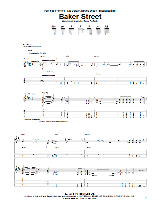 Download Foo Fighters Baker Street Sheet Music and learn how to play Guitar Tab PDF digital score in minutes
