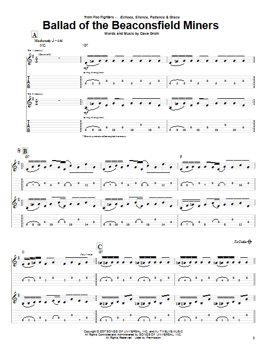 Download Foo Fighters Ballad Of The Beaconsfield Miners Sheet Music and learn how to play Guitar Tab PDF digital score in minutes