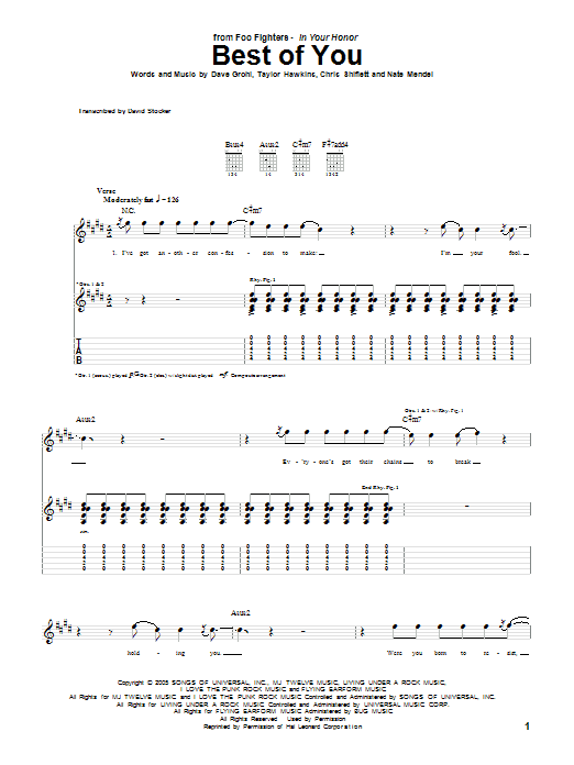 Download Foo Fighters Best Of You Sheet Music and learn how to play Piano, Vocal & Guitar (Right-Hand Melody) PDF digital score in minutes