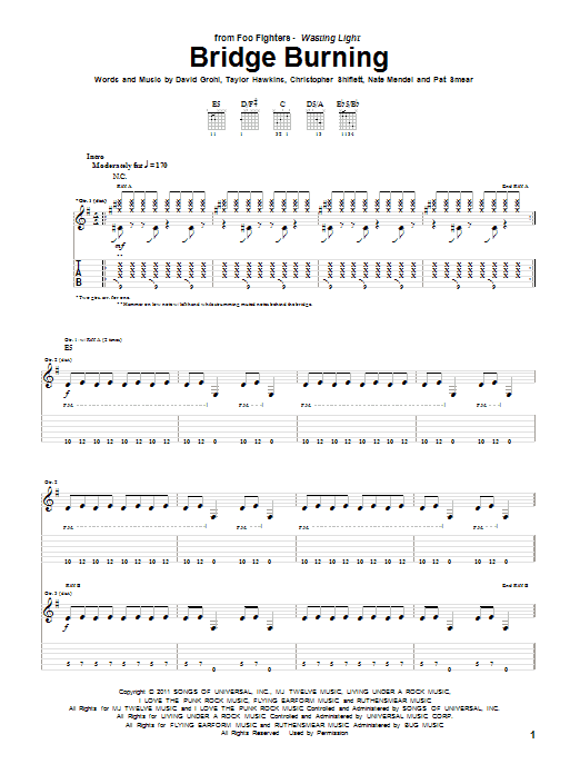 Download Foo Fighters Bridge Burning Sheet Music and learn how to play Guitar Tab PDF digital score in minutes