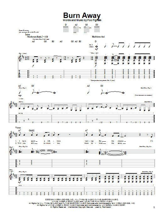 Download Foo Fighters Burn Away Sheet Music and learn how to play Guitar Tab PDF digital score in minutes